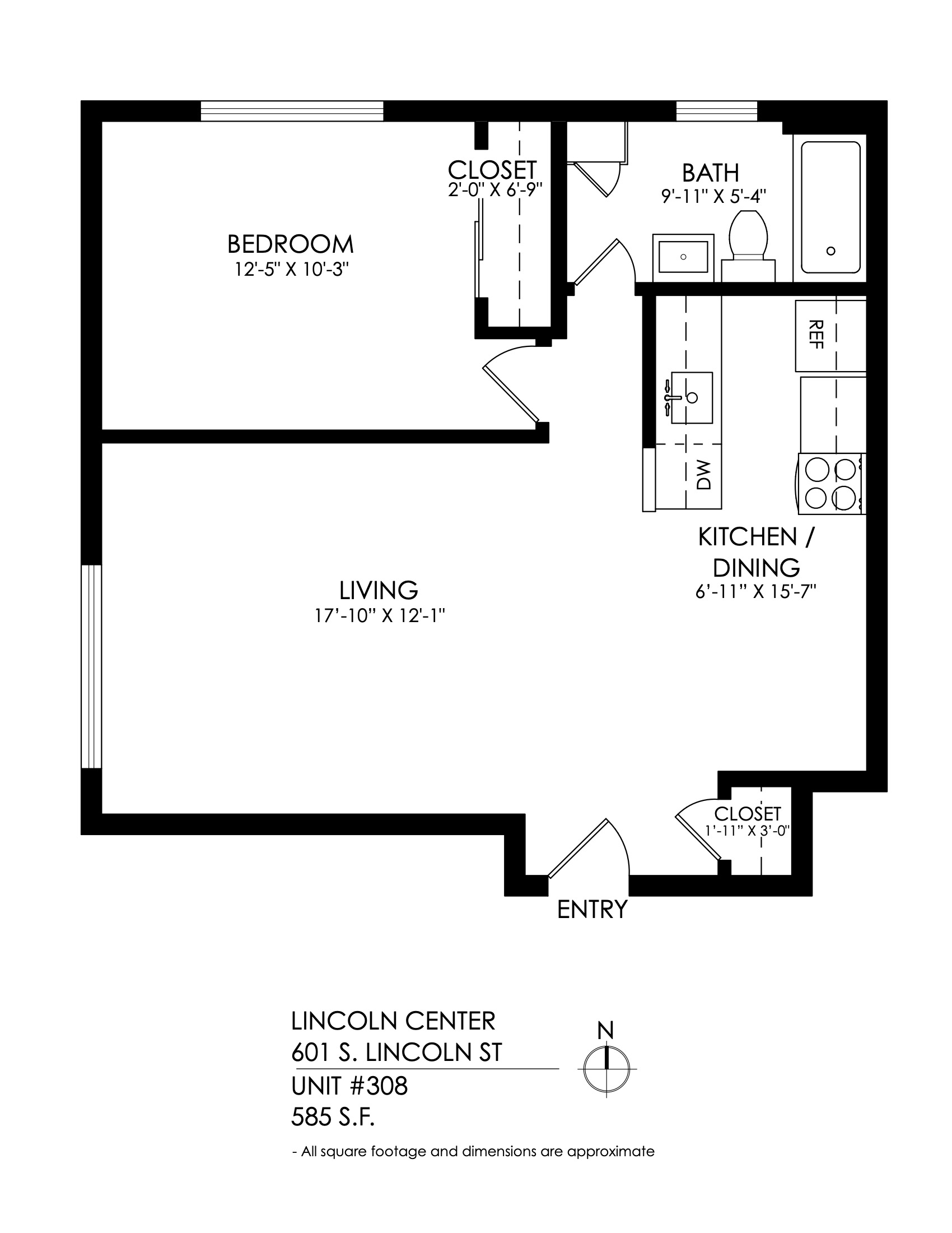 Floor plan for 1 bed, 1 bath, 585 sqft
